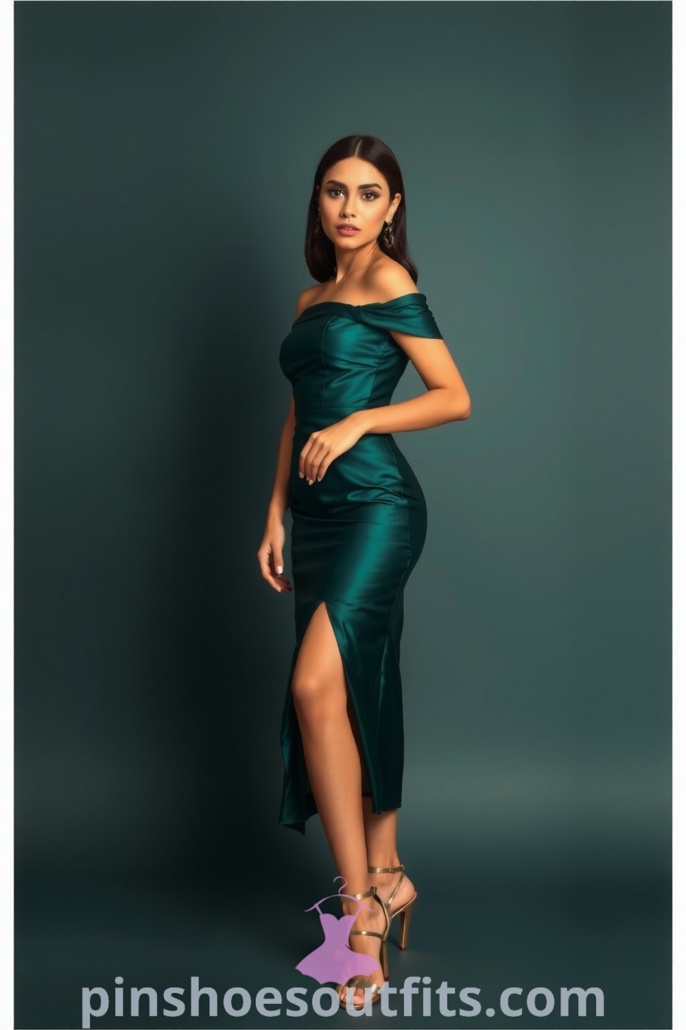 Elegant Latina woman in a fitted deep emerald satin midi dress with off-the-shoulder sleeves and an asymmetrical hem, styled with metallic heels and gold jewelry. Perfect outfits to inspire your chic and classy look this season. pinshoesoutfits.com