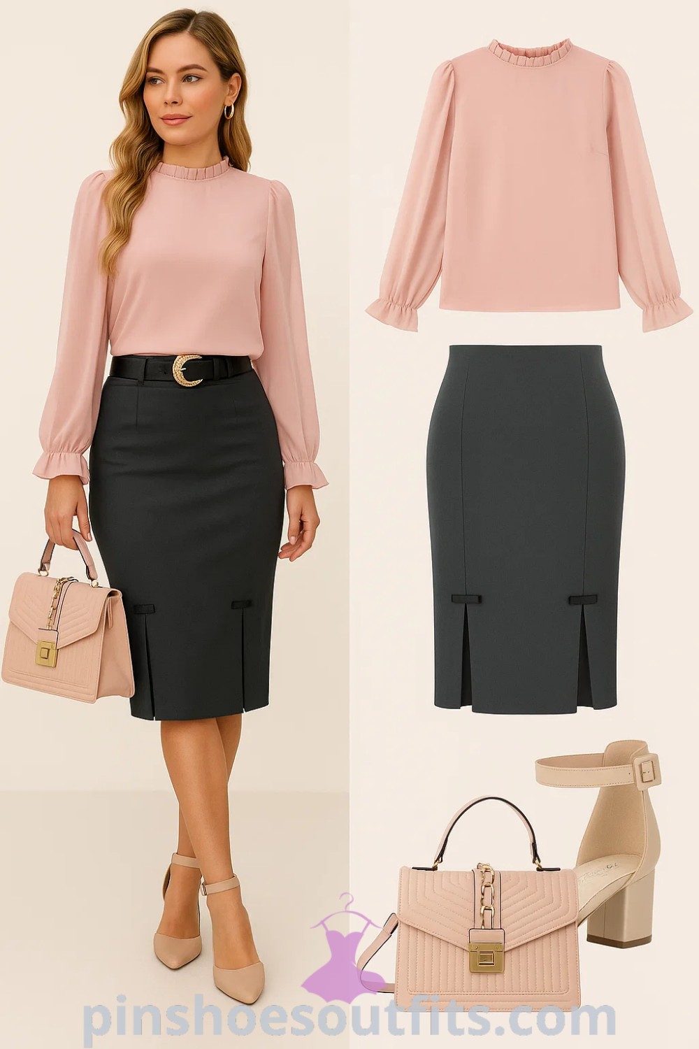 Light pink blouse with ruffle neckline, dark gray pencil skirt with bow details, nude strappy ankle strap heels, and a light pink quilted crossbody handbag create an elegant smart casual outfit perfect for the office, brunch, or formal events. Ideal for women