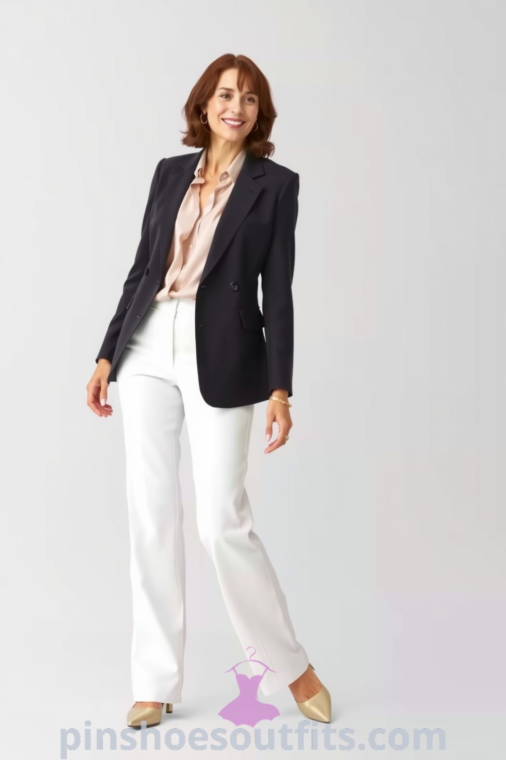 Professional elegant outfit featuring a dark charcoal blazer, white wide-leg trousers, and blush silk blouse, styled with pointed-toe heels and minimal gold accessories. Perfect for office wear. pinshoesoutfits.com