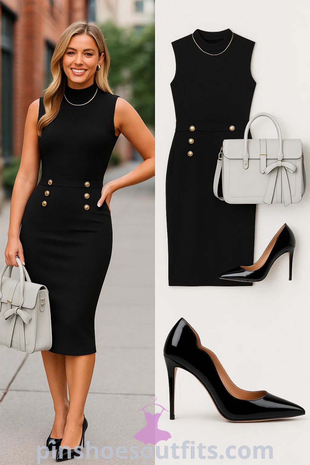 Sophisticated black fitted dress outfit featuring a sleeveless style, form-fitting midi length, black patent leather pointed toe heels, and a structured light grey handbag. Perfect for office wear or formal occasions. Explore more at pinshoesoutfits.com.