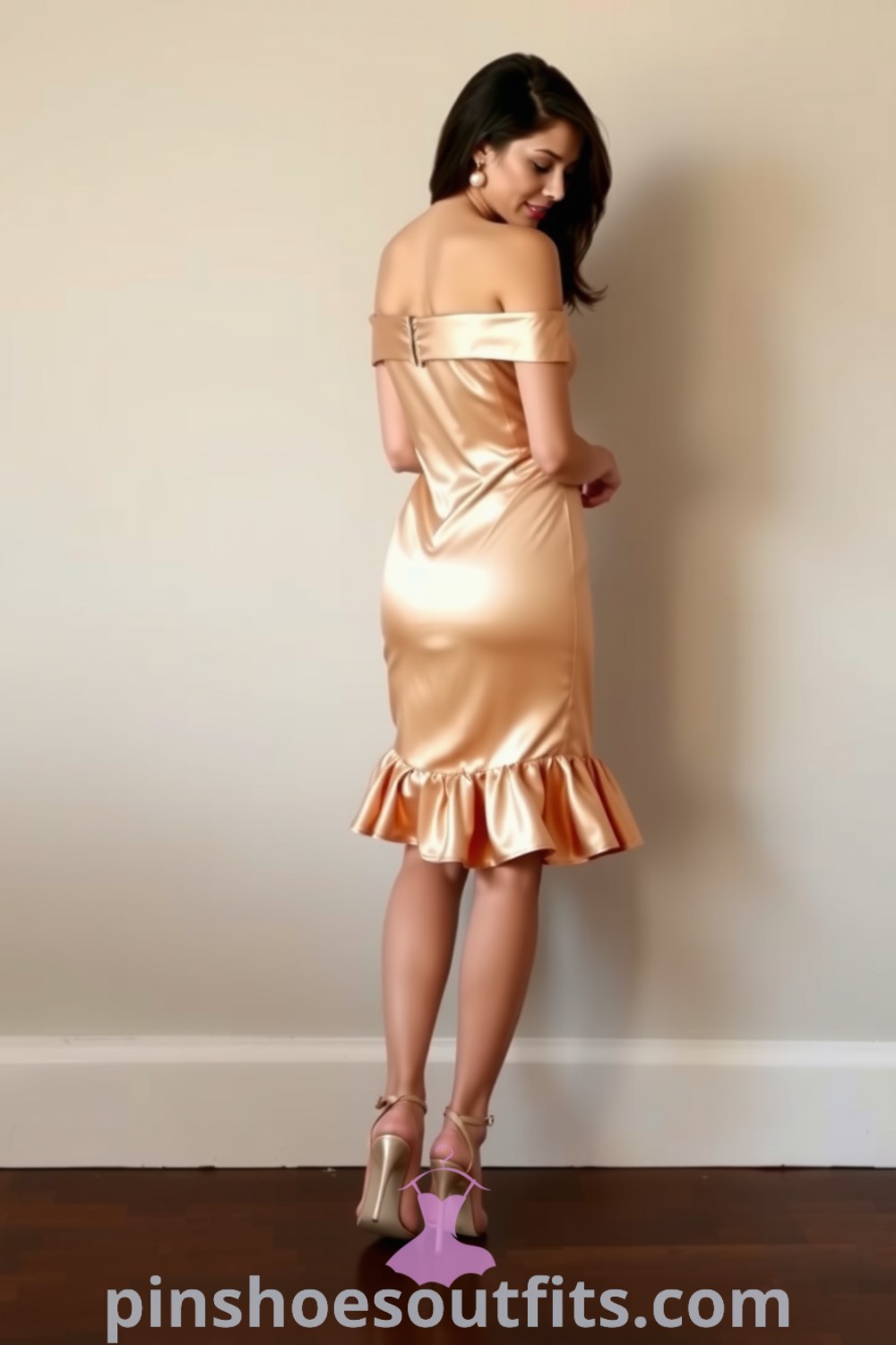Elegant woman in a fitted off-the-shoulder silk dress with ruffles, strappy heels, and pearl earrings, exuding sophistication and charm. A perfect outfit idea for chic evening outings. pinshoesoutfits.com