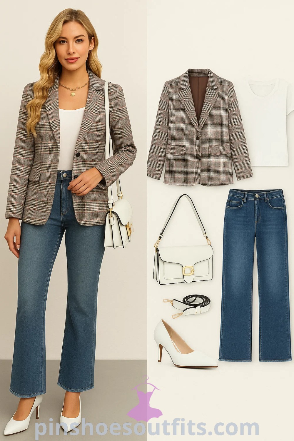 plaid blazer paired with blue flared jeans, white pointed heels, and a white crossbody handbag, perfect for smart casual occasions like brunch, office meetings, or casual outings, featured on pinshoesoutfits.com