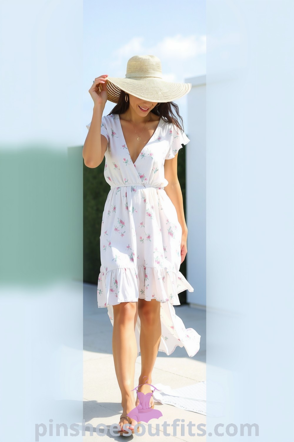 Floral cotton sundress featuring ruffles, a cinched waist, and a flowy silhouette, paired with sandals and a straw hat. Ideal outfit inspiration for relaxed elegance this season. pinshoesoutfits.com