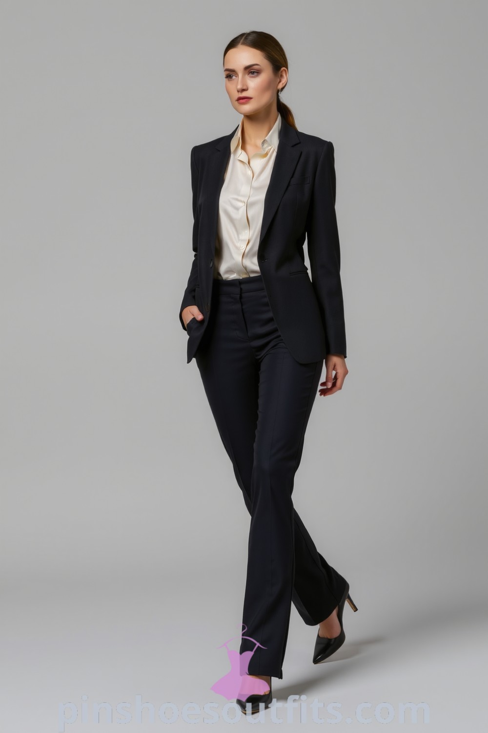 Polished workwear ensemble featuring a tailored charcoal blazer, sleek straight-leg trousers, and a cream silk blouse. An ideal choice for stylish and confident office wear. pinshoesoutfits.com