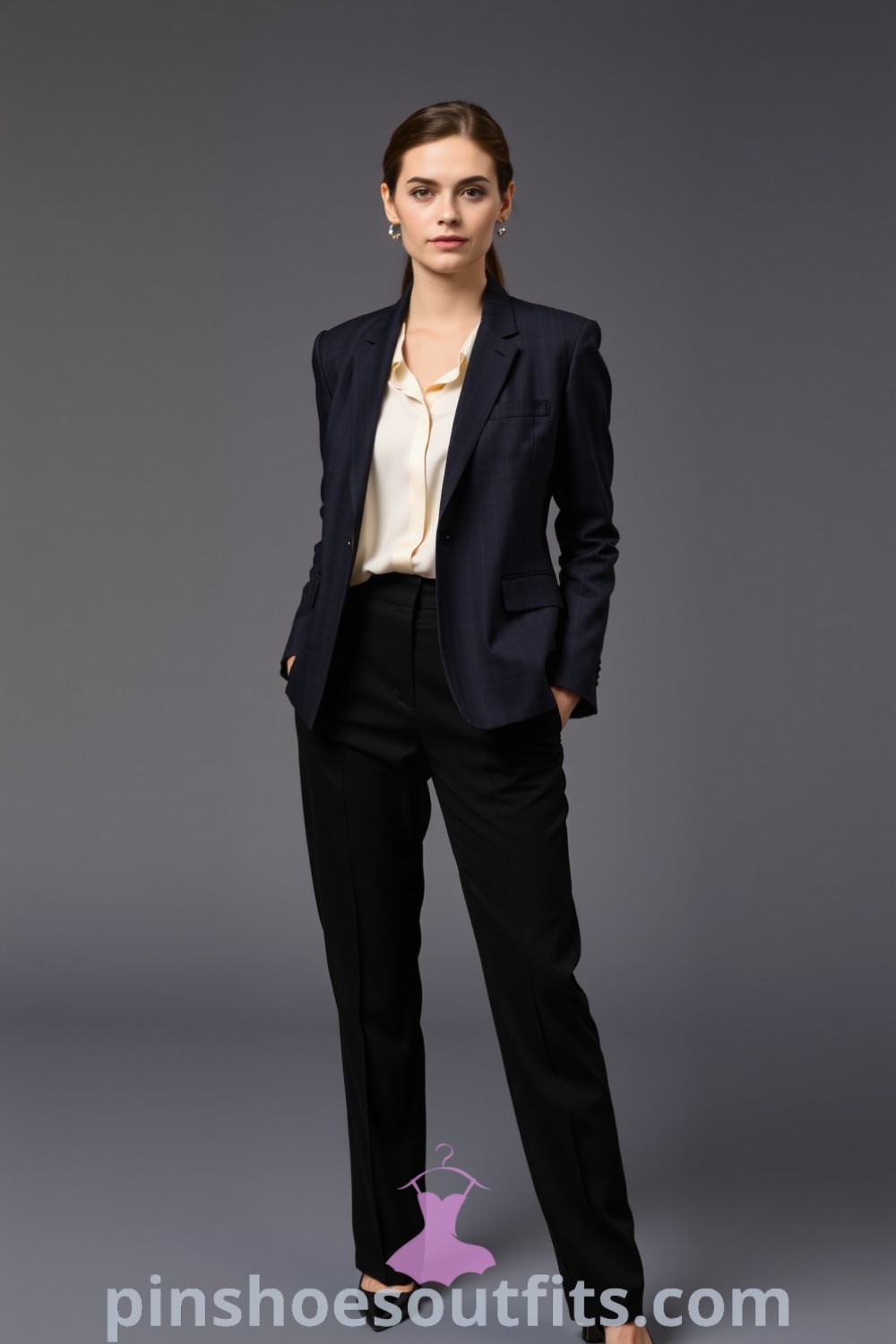 Stylish woman in a tailored charcoal blazer, high-waisted black trousers, and an ivory silk blouse, showcasing a polished professional look. Perfect workwear ideas from pinshoesoutfits.com.