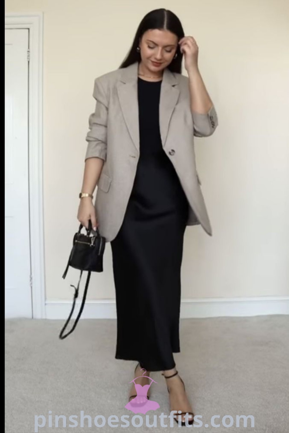 Midi dress and blazer outfit, ideal for classy work outfits and modesty styles, showcasing stylish and elegant looks for church or office settings. Perfect for every woman