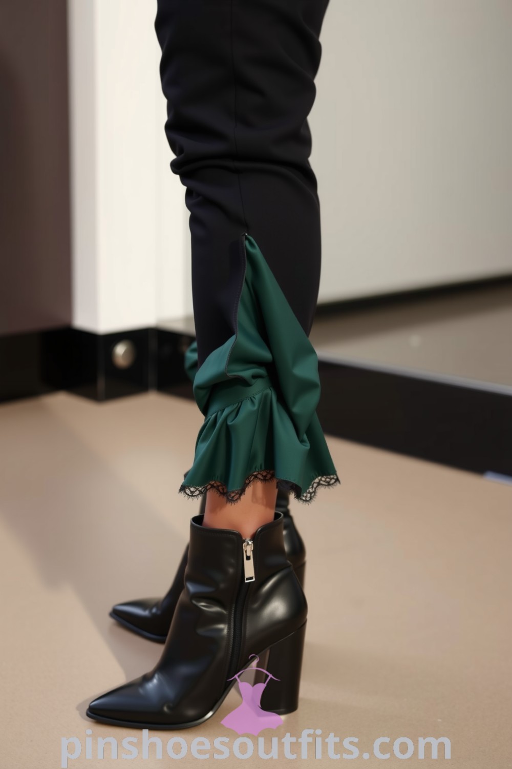Chic evening outfit showcasing a Black woman in ankle boots, tailored black trousers, and an emerald green silk blouse with lace details. Style inspiration for a sophisticated look at pinshoesoutfits.com
