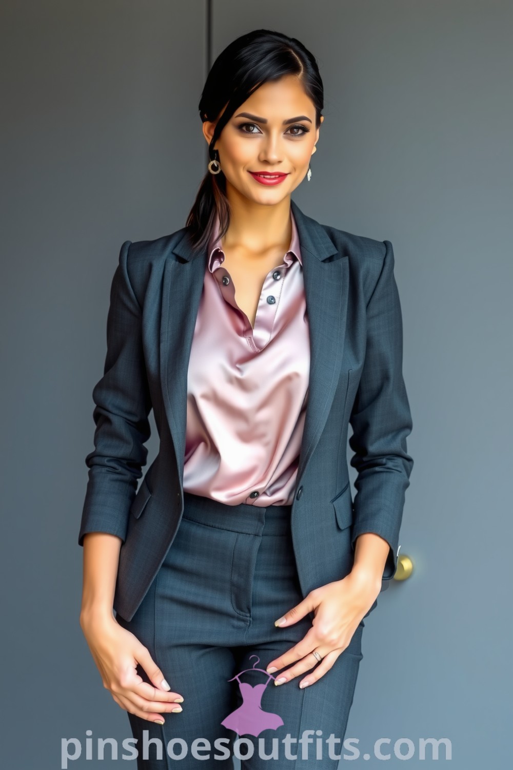 Professional woman in a tailored charcoal gray suit with a fitted blazer, delicate silk blouse, and sleek black pumps, showcasing stylish outfits for women