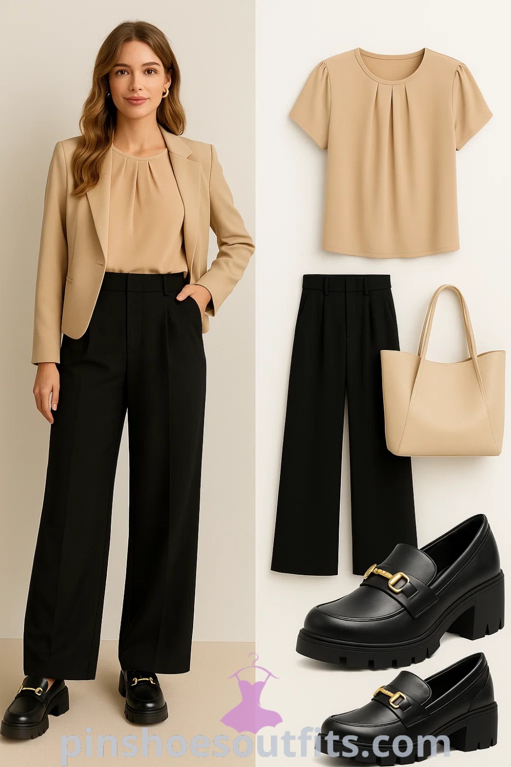 Beige pleated blouse, black wide-leg trousers, and chunky loafers create an elegant smart casual outfit suitable for the office or casual outings. Complete with a beige tote handbag, this polished look is perfect for women