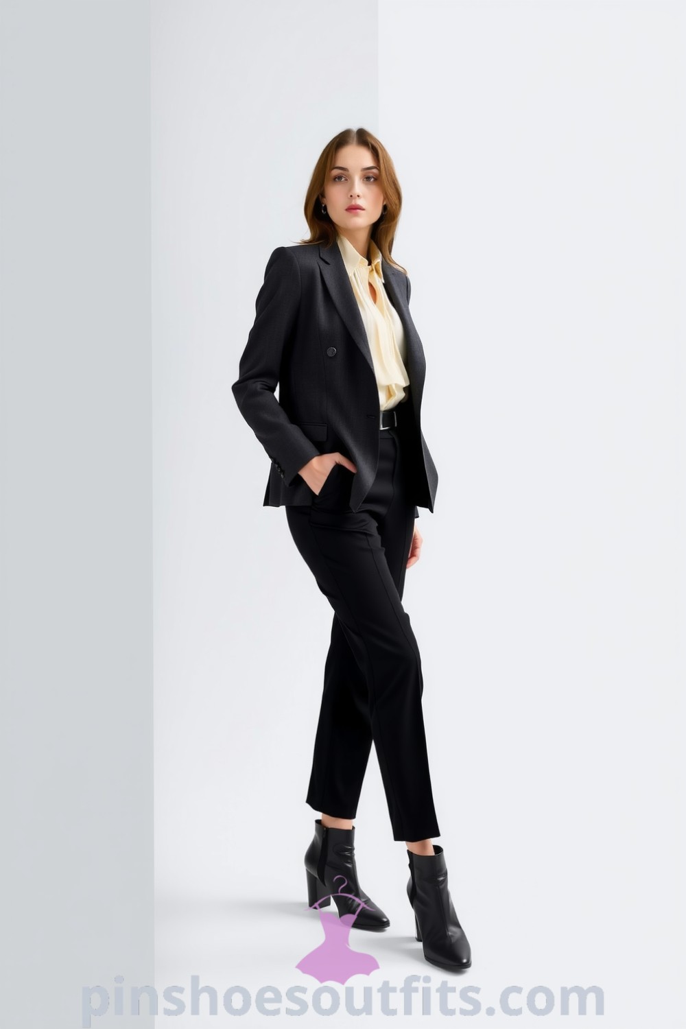 Professional woman in a tailored charcoal blazer, high-waisted black trousers, and a soft ivory blouse with pleating, showcasing elegant office wear. pinshoesoutfits.com