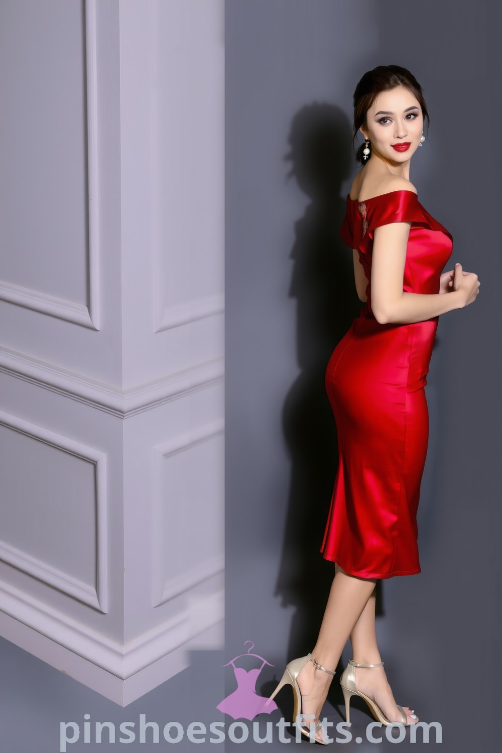 Elegant red satin evening dress with off-the-shoulder design, lace accents, and A-line silhouette, perfect for an enchanting evening. pinshoesoutfits.com