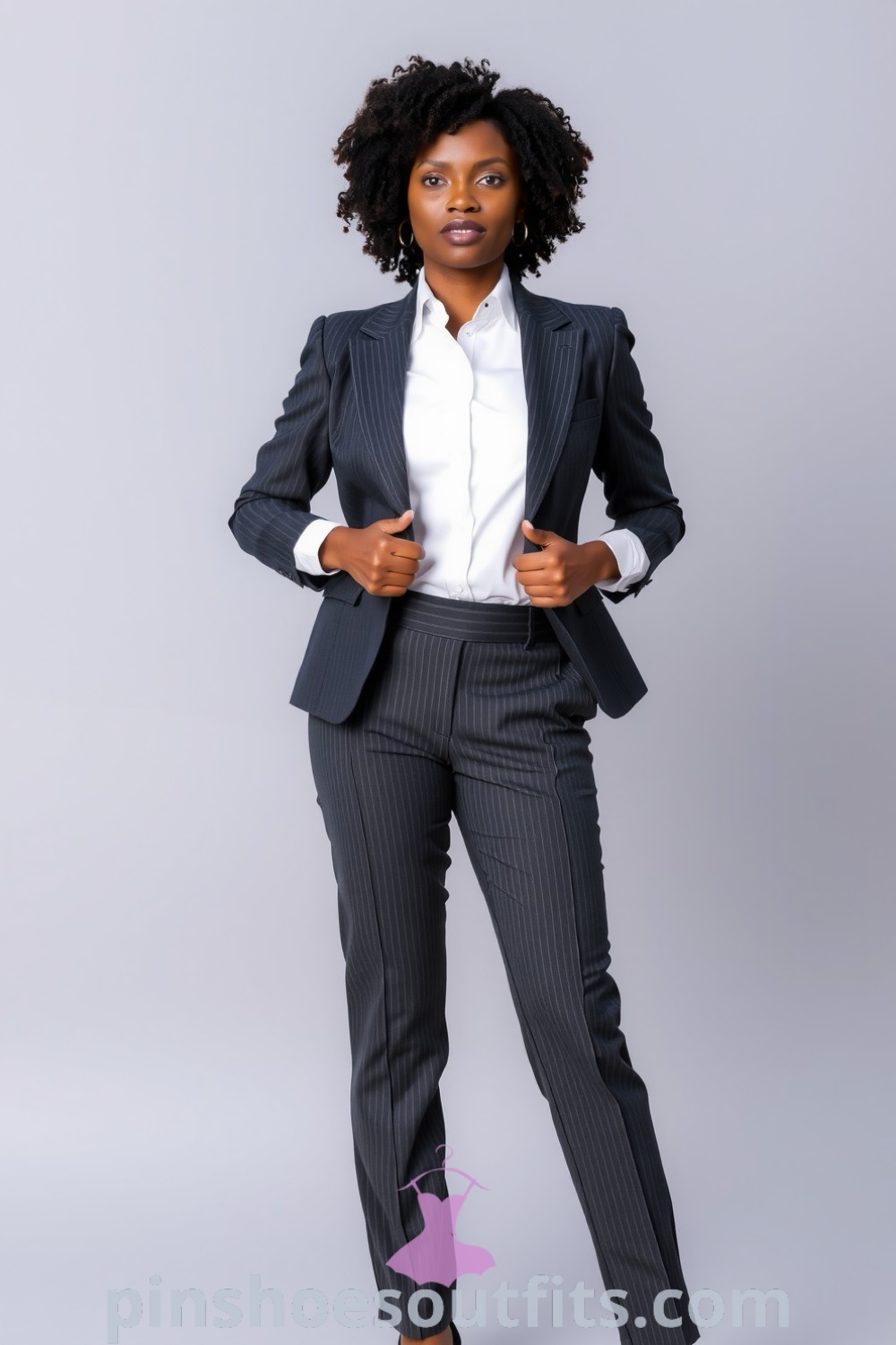 Sophisticated workwear outfit featuring a tailored charcoal blazer, fitted white shirt, pinstripe trousers, and pointed-toe heels. A perfect example of timeless elegance and professionalism. pinshoesoutfits.com