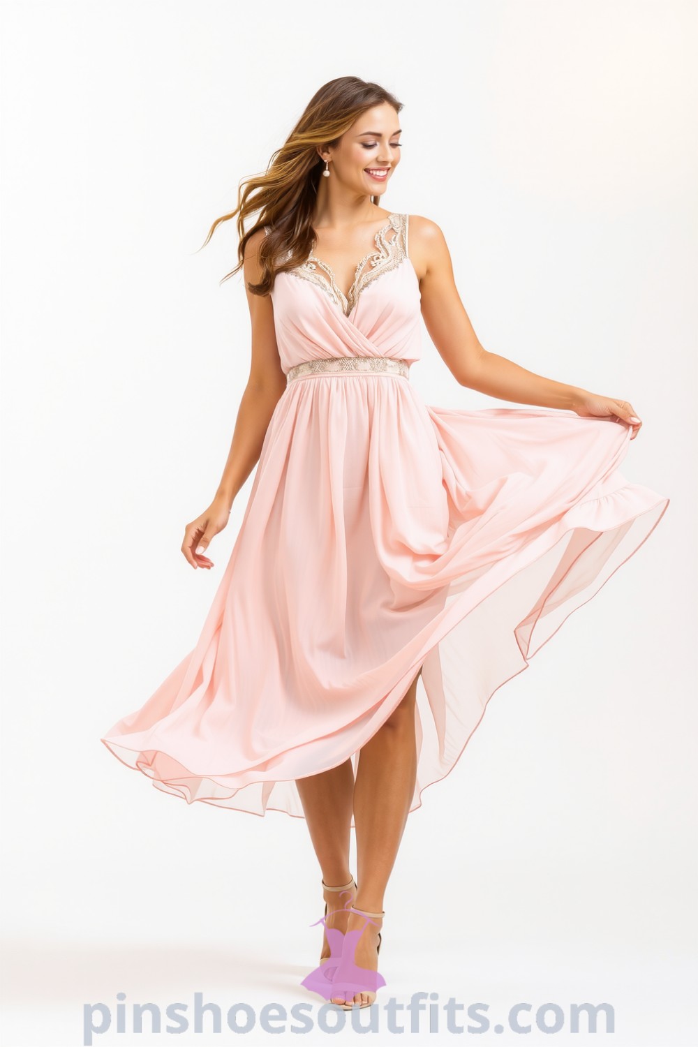 Elegant blush pink chiffon dress with lace details, cinched waist, and strappy nude heels, capturing effortless sophistication. pinshoesoutfits.com