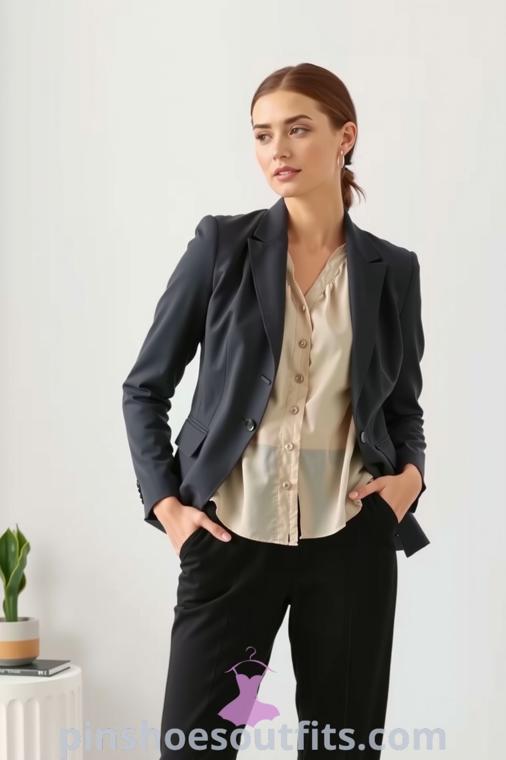 Chic professional outfit with a tailored charcoal gray blazer, high-waisted black trousers, and an ivory silk blouse. Ideal for sophisticated and comfortable office wear. pinshoesoutfits.com
