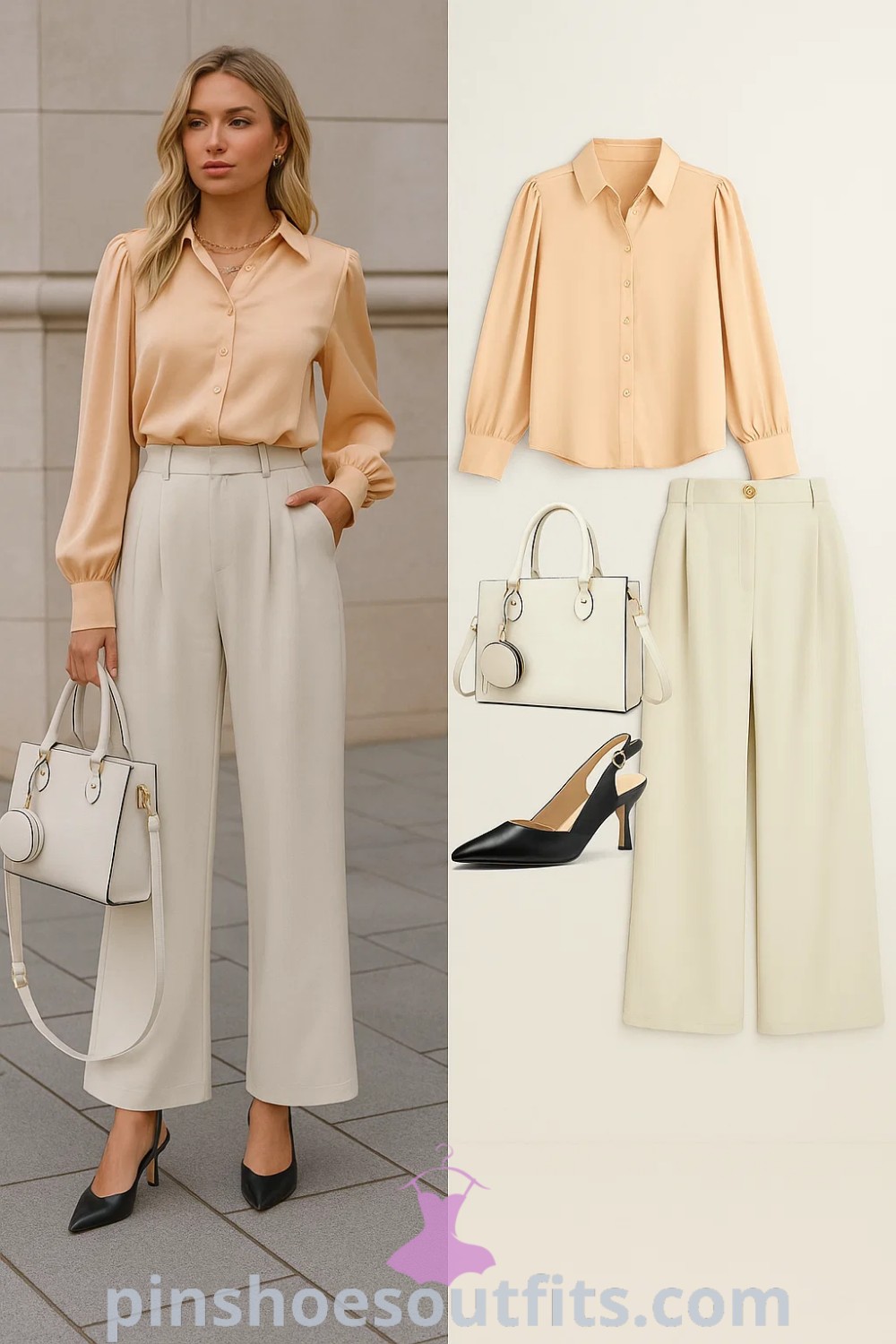 Light peach silk long-sleeve shirt, cream high-waisted wide-leg trousers, and black pointed-toe slingbacks create a classic business casual outfit, ideal for office styles and professional settings. Perfect for women