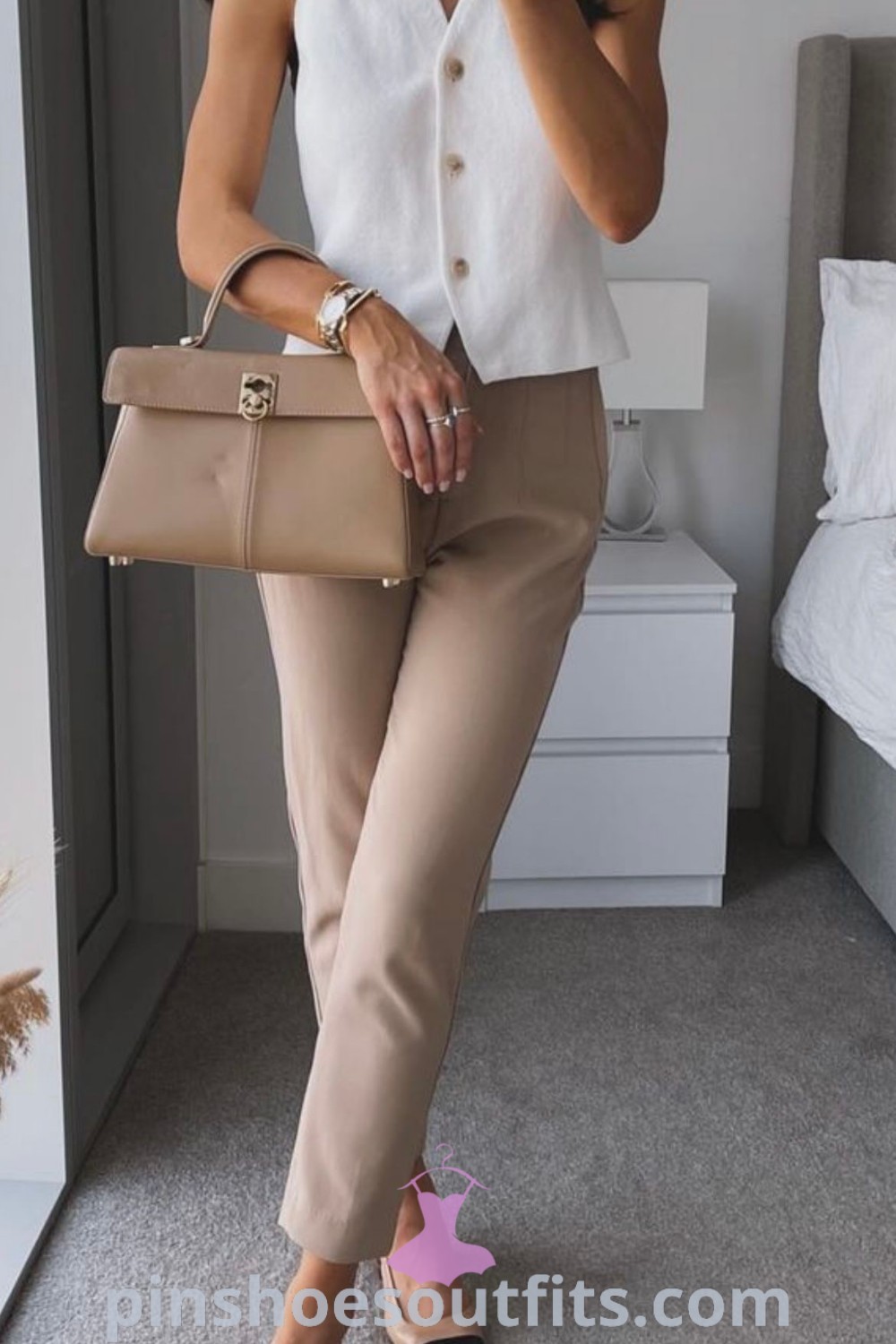 Summer business casual outfit featuring stylish corporate attire and smart dressing essentials. Perfect for the office, showcasing warm tights, tailored pants, and chic blouses. Every woman must try these looks to inspire elegance and confidence. Explore outfit ideas at pinshoesoutfits.com.