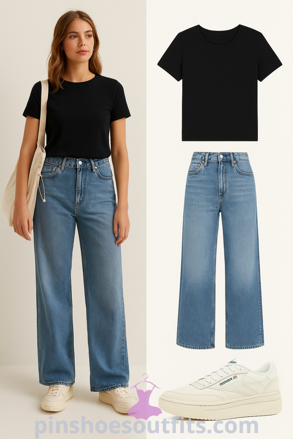 stylish outfit with a black basic t-shirt, light blue wide leg jeans, white platform sneakers, and a cream tote bag perfect for casual outings, travel, and brunch, embodying trendy, chic aesthetics from pinshoesoutfits.com.