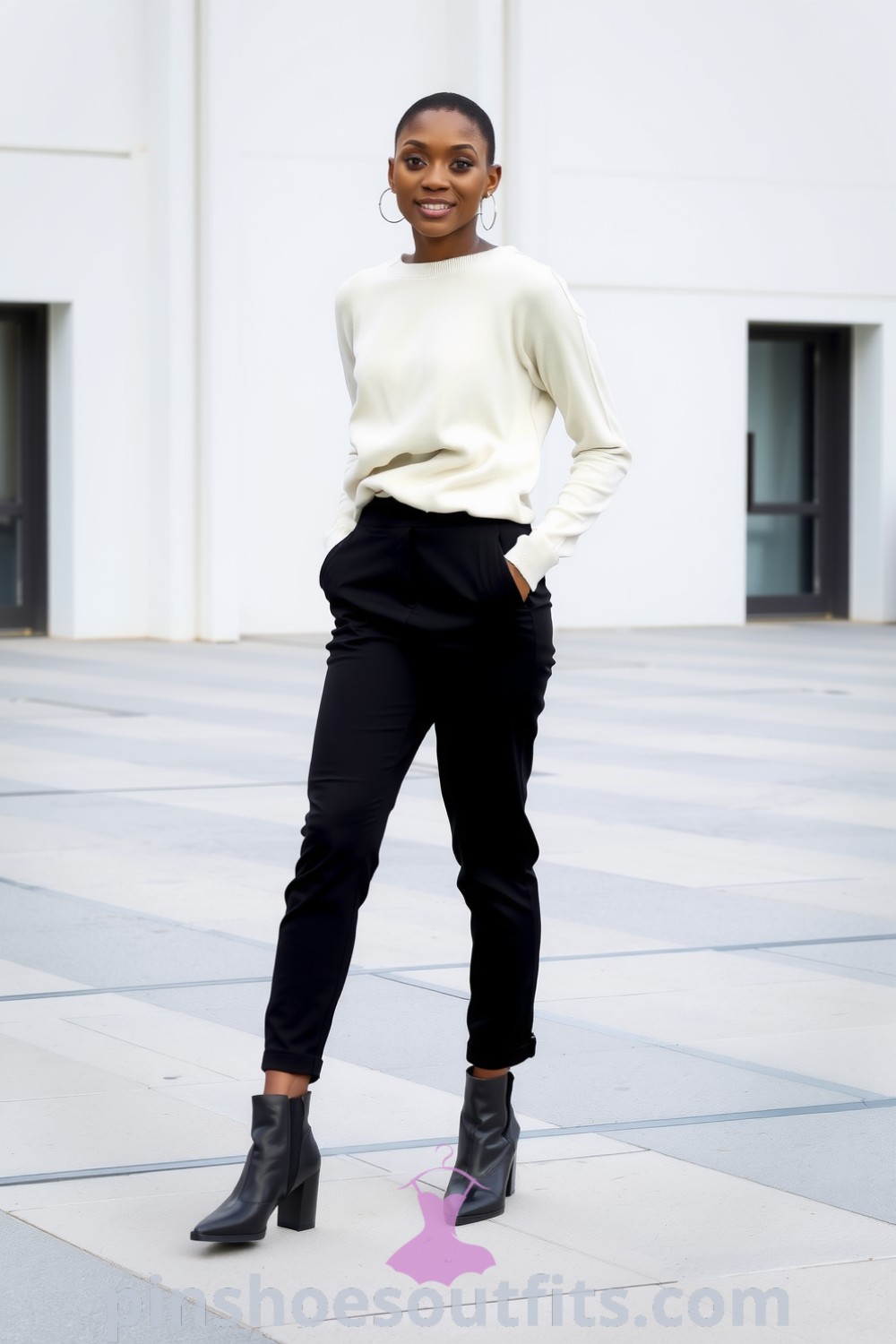 Chic autumn outfit with a Black woman wearing tailored black high-waisted trousers, a cream cashmere sweater, ankle boots, and gold hoop earrings. A stylish look that inspires elegance. pinshoesoutfits.com