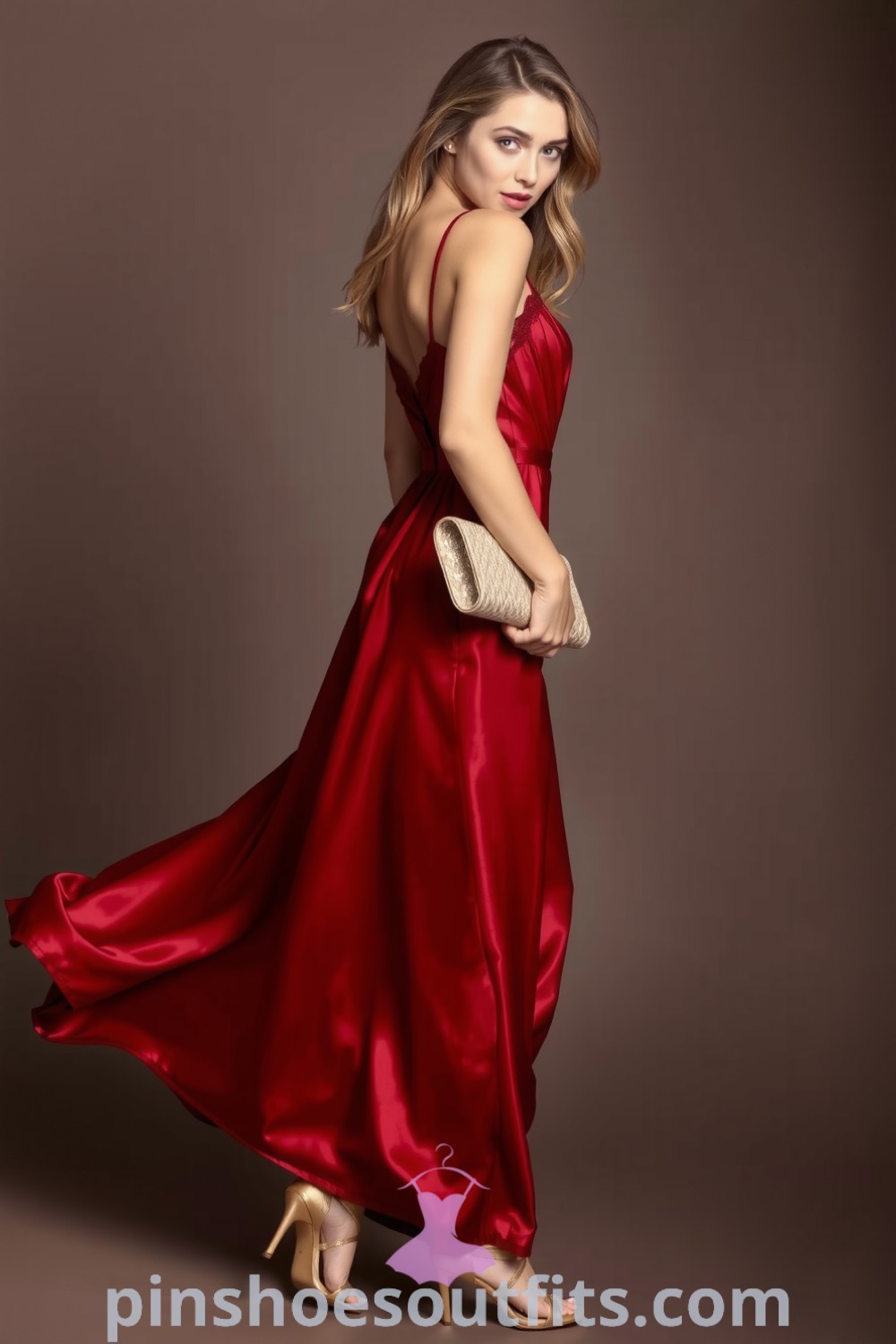 Stunning elegant red satin slip dress with lace trim, paired with gold heels and a clutch. A perfect look for a night out. pinshoesoutfits.com