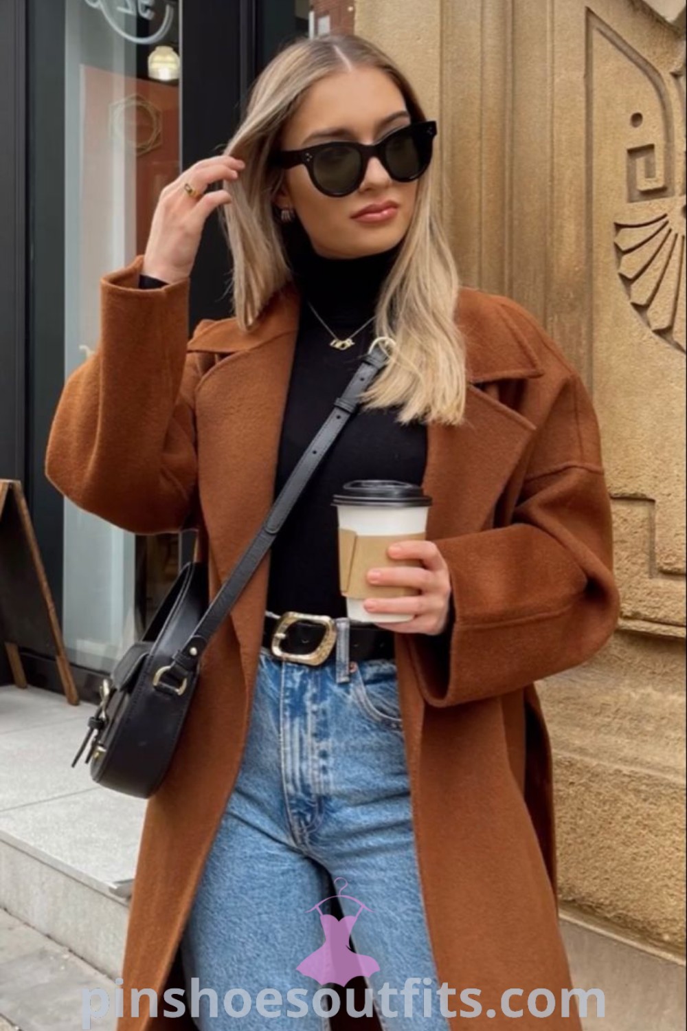 Stylish black turtleneck outfit combined with a brown trench coat, showcasing winter fashion outfits casual. Explore inspiring ideas for turtleneck outfits that look expensive and elegant at pinshoesoutfits.com.