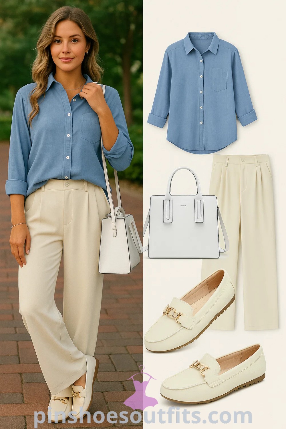 light blue button-up shirt, cream wide-leg pants, cream loafers, and a structured white handbag create a classic business casual look ideal for the office or brunch. This elegant outfit showcases a relaxed fit with structured elements, making it perfect for any professional setting. Find more on pinshoesoutfits.com.