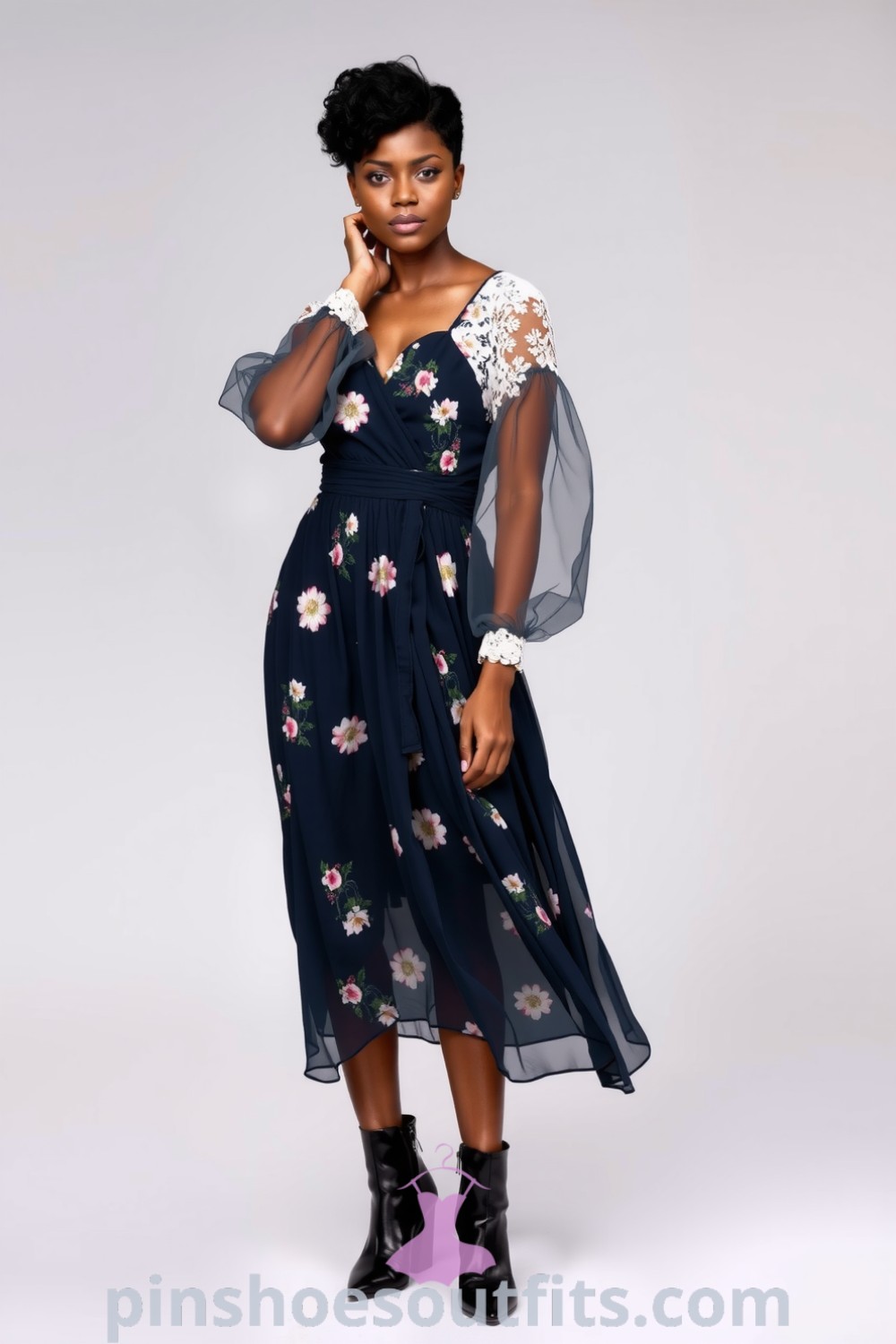 Chic knee-length dress featuring soft chiffon, lace sleeves, cinched waist, and a floral print, styled with black ankle boots. A perfect guide for every woman