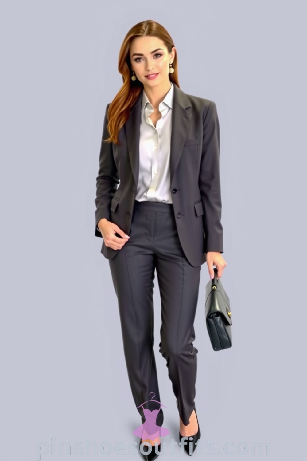 Stylish professional workwear outfit featuring a charcoal gray blazer, straight-leg trousers, silk blouse, and pointed-toe pumps, creating an elegant and sophisticated look. pinshoesoutfits.com