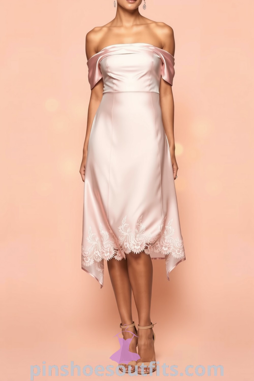 A woman wearing an enchanting off-the-shoulder satin midi dress with floral lace detailing, perfectly accessorized for an evening out. An elegant fashion choice ideal for a memorable date night. pinshoesoutfits.com