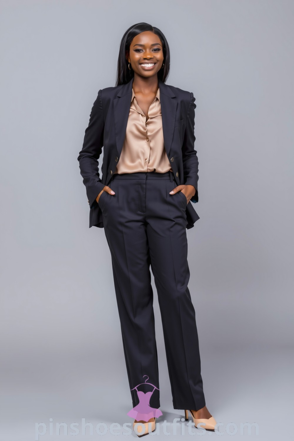 A Black woman in a tailored charcoal blazer paired with wide-legged trousers and a silk blouse, alongside polished pumps and gold accessories, embodies modern workwear elegance. pinshoesoutfits.com