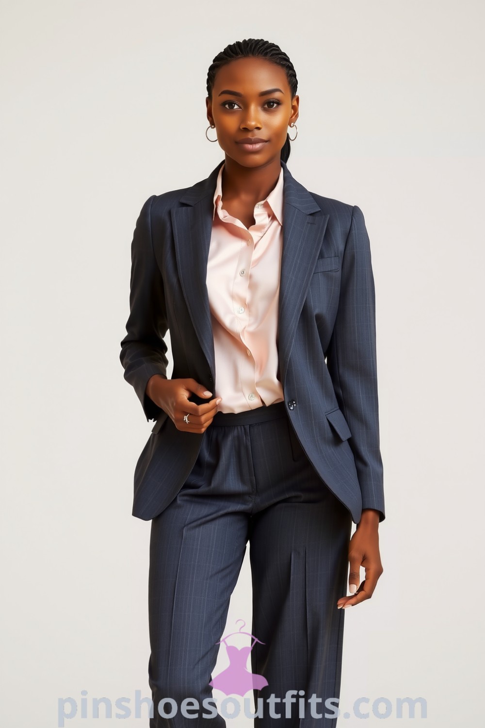 Contemporary workwear outfit featuring a Black woman in a tailored charcoal gray blazer and wide-leg trousers with a blush silk blouse, polished pointed-toe heels, and silver accessories. Stylish and elegant professional attire for women. pinshoesoutfits.com
