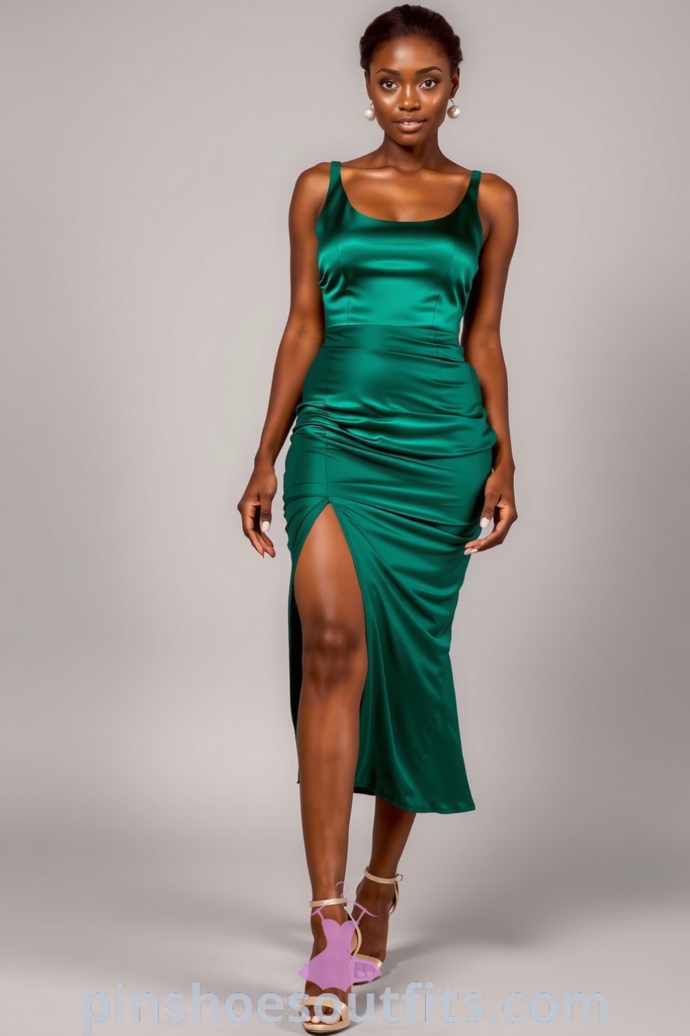 Elegant emerald satin midi dress with scoop neckline and thigh-high slit, perfectly styled with strappy heels and pearl earrings. A must-try outfit for chic elegance. pinshoesoutfits.com