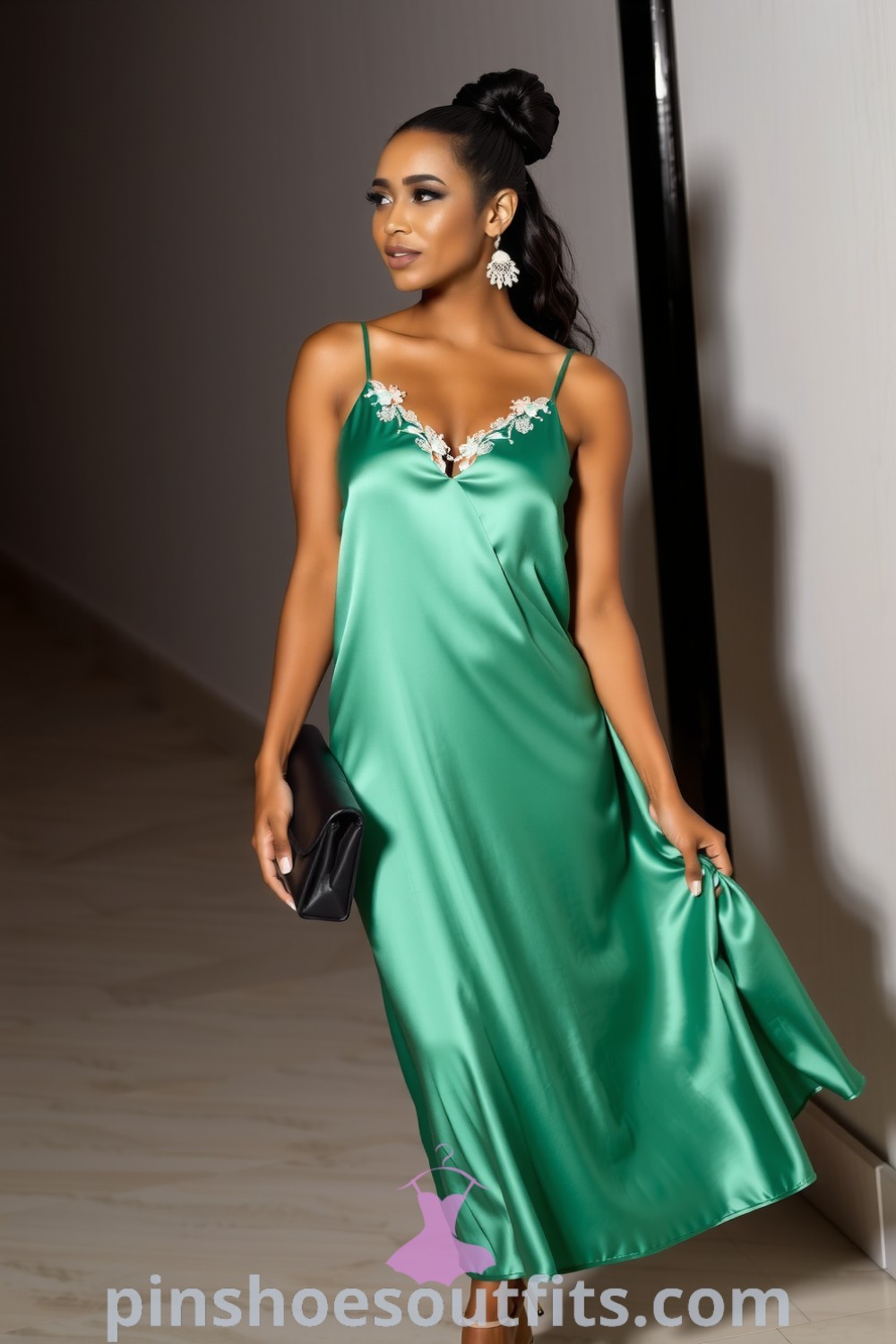 Elegant date night outfits featuring an emerald green satin slip dress, black jumpsuit, and floral blush midi dress. Perfect inspirations for a chic and classy evening. pinshoesoutfits.com
