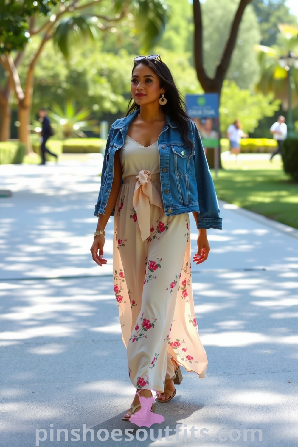 A Latina woman in a flowing floral maxi dress with a soft denim jacket strolls through a sunlit park, radiating effortless charm. Explore Chic and Elegant Outfit Ideas at pinshoesoutfits.com.