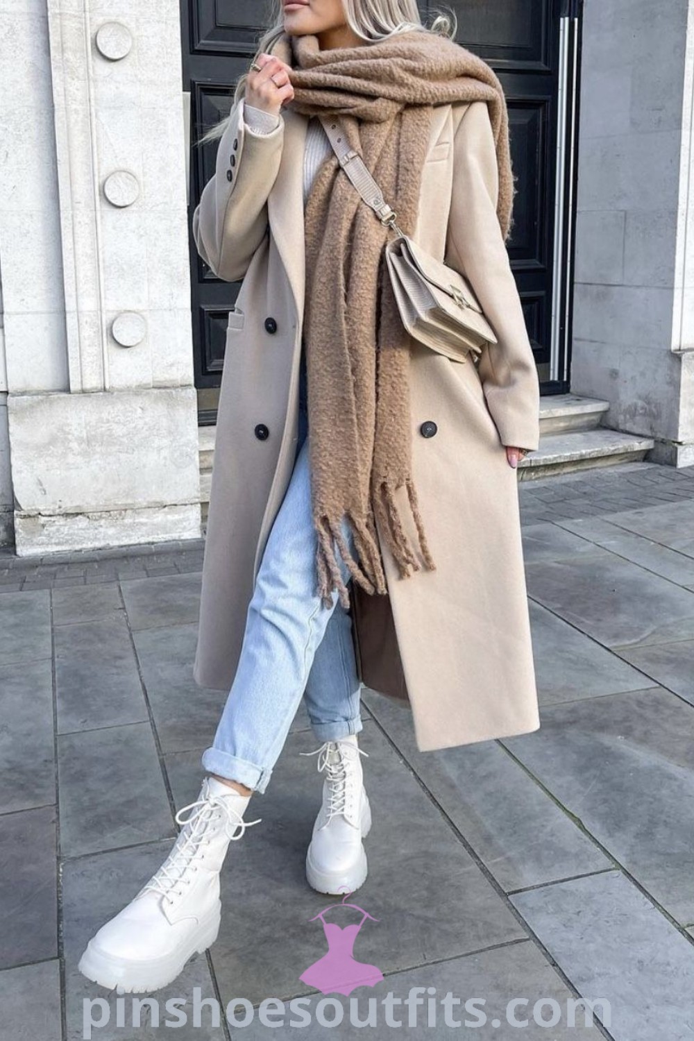 Stylish winter outfit featuring a Stone Coat Outfit, white beige winter attire, light color boots, and a cardigan scarf from pinshoesoutfits.com. Perfect for elegant gatherings or casual outings, these outfits inspire every woman