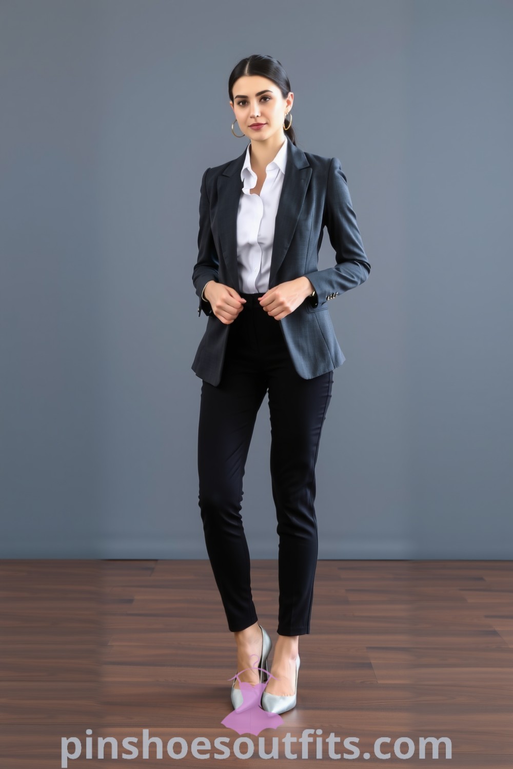 Professional woman in a tailored charcoal gray blazer, white blouse, high-waisted black trousers, and satin heels, accessorized with gold hoop earrings. Ideal for work and meetings, showcasing stylish outfit ideas to inspire your look this season at pinshoesoutfits.com.