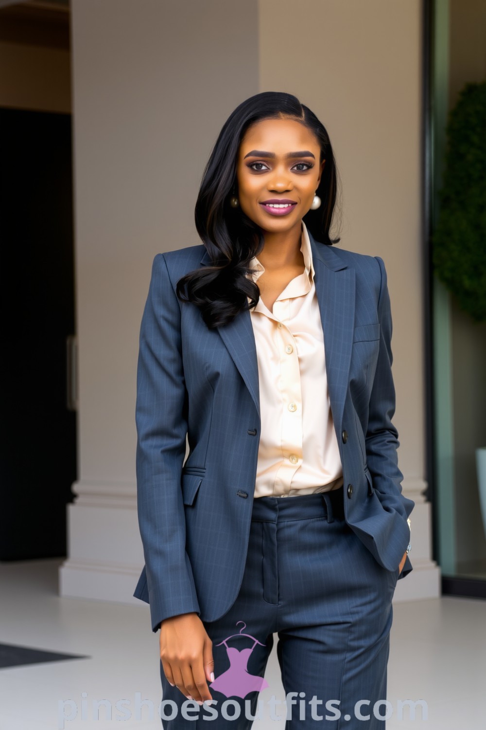 A Black woman in a chic charcoal grey suit featuring a fitted blazer and straight-leg trousers, paired with an ivory silk blouse and pearl earrings. This outfit embodies elegance and professionalism, perfect for an office setting. pinshoesoutfits.com