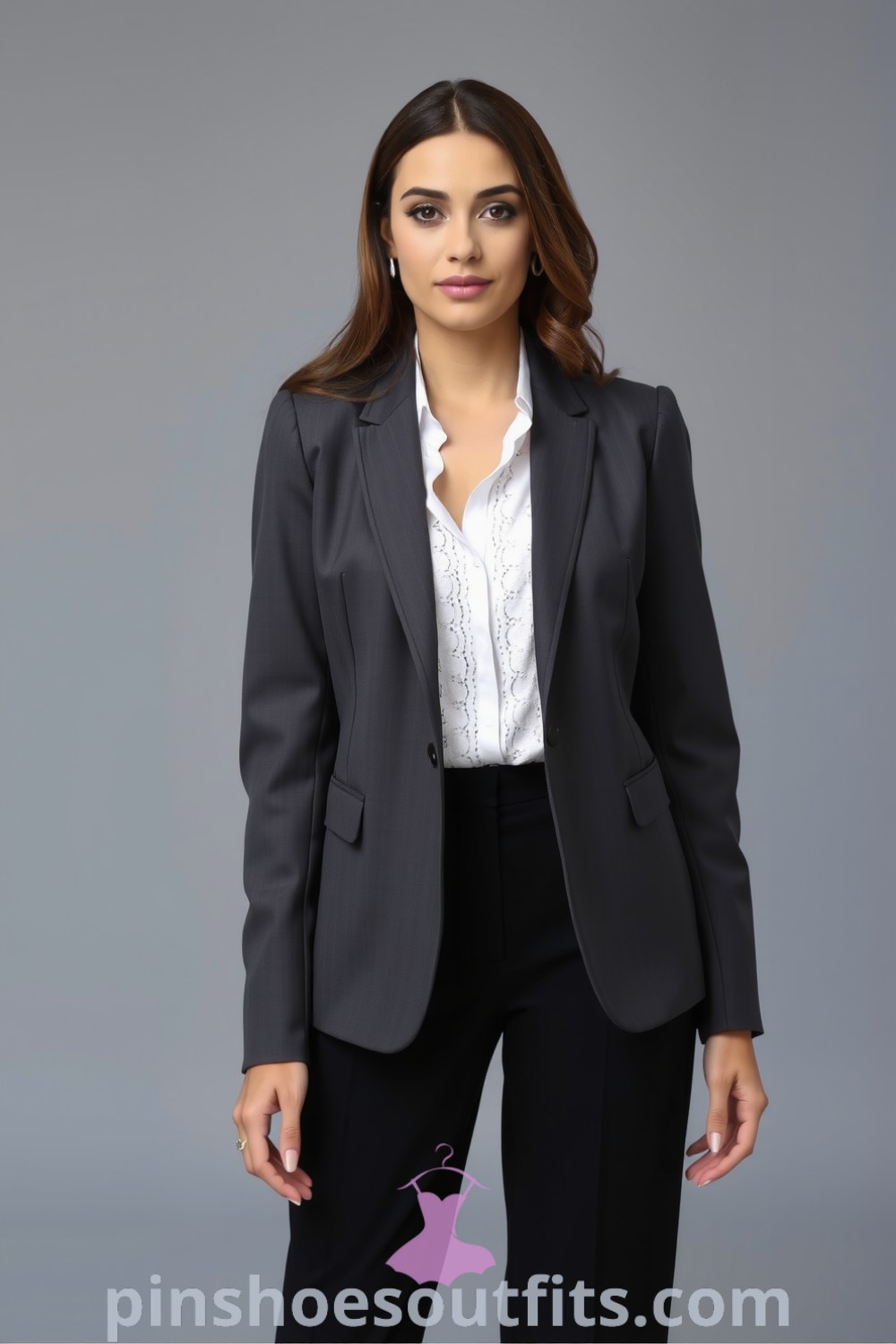Stylish workwear ensemble featuring a tailored charcoal blazer, sleek black trousers, and a delicate lace blouse. Perfect for modern professionalism and elegance. pinshoesoutfits.com