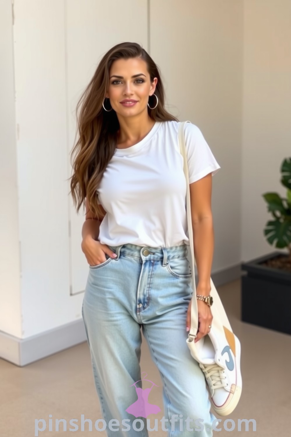 Casual chic outfit with a soft cotton t-shirt, high-waisted mom jeans, sporty sneakers, delicate hoop earrings, and a canvas tote. Perfect for everyday elegance. pinshoesoutfits.com