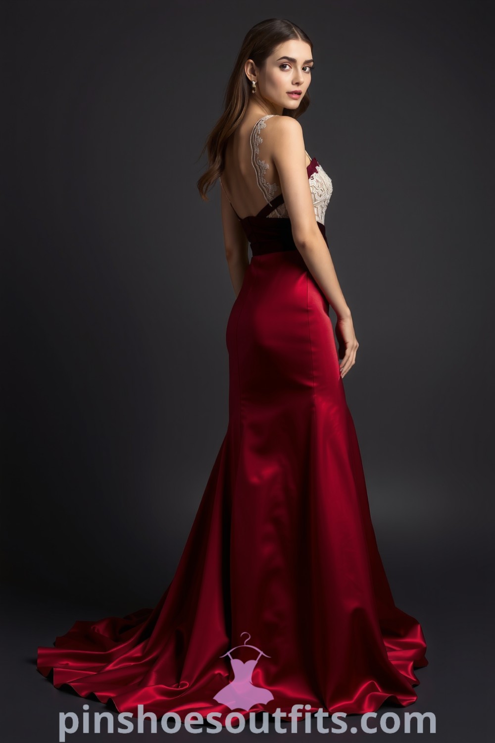 Romantic deep red satin dress with delicate lace accents and soft billowing sleeves, perfect for date nights. An outfit idea to look chic and elegant from pinshoesoutfits.com.
