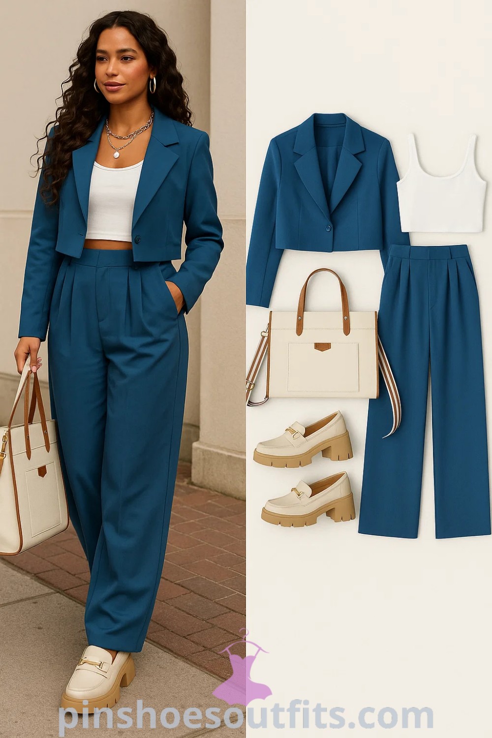 Structured teal blazer and pleated trousers paired with cream chunky loafers and a structured handbag, showcasing a chic and modern business attire ideal for various occasions like office, brunch, or casual outings at pinshoesoutfits.com.