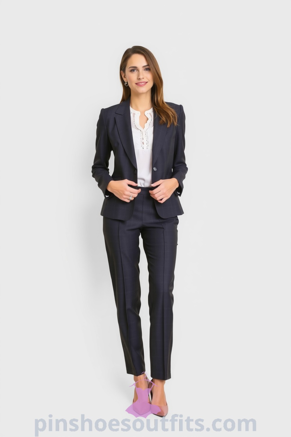 Elegant professional woman wearing a tailored dark gray suit with a fitted blazer, straight-leg trousers, and a crisp white blouse. Polished look perfect for the office with stylish pumps. pinshoesoutfits.com