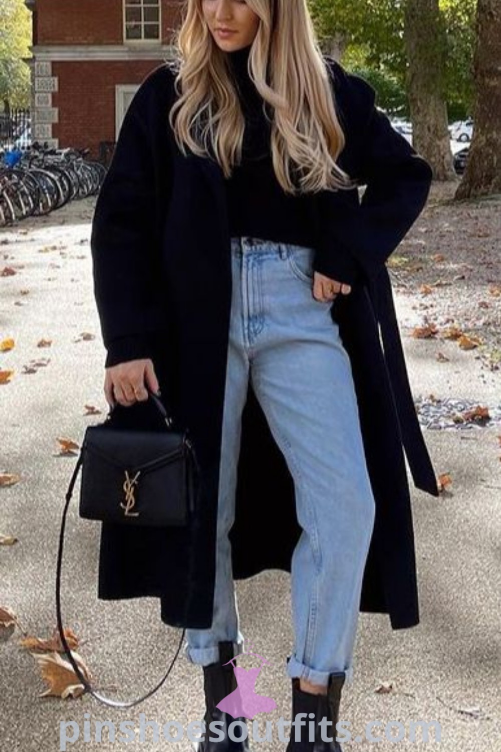Chic winter outfit featuring a formal black coat, mantel outfit, and stylish accessories, ideal for school or NYC outings. Discover aesthetic outfit ideas that keep you warm and fashionable this season at pinshoesoutfits.com.