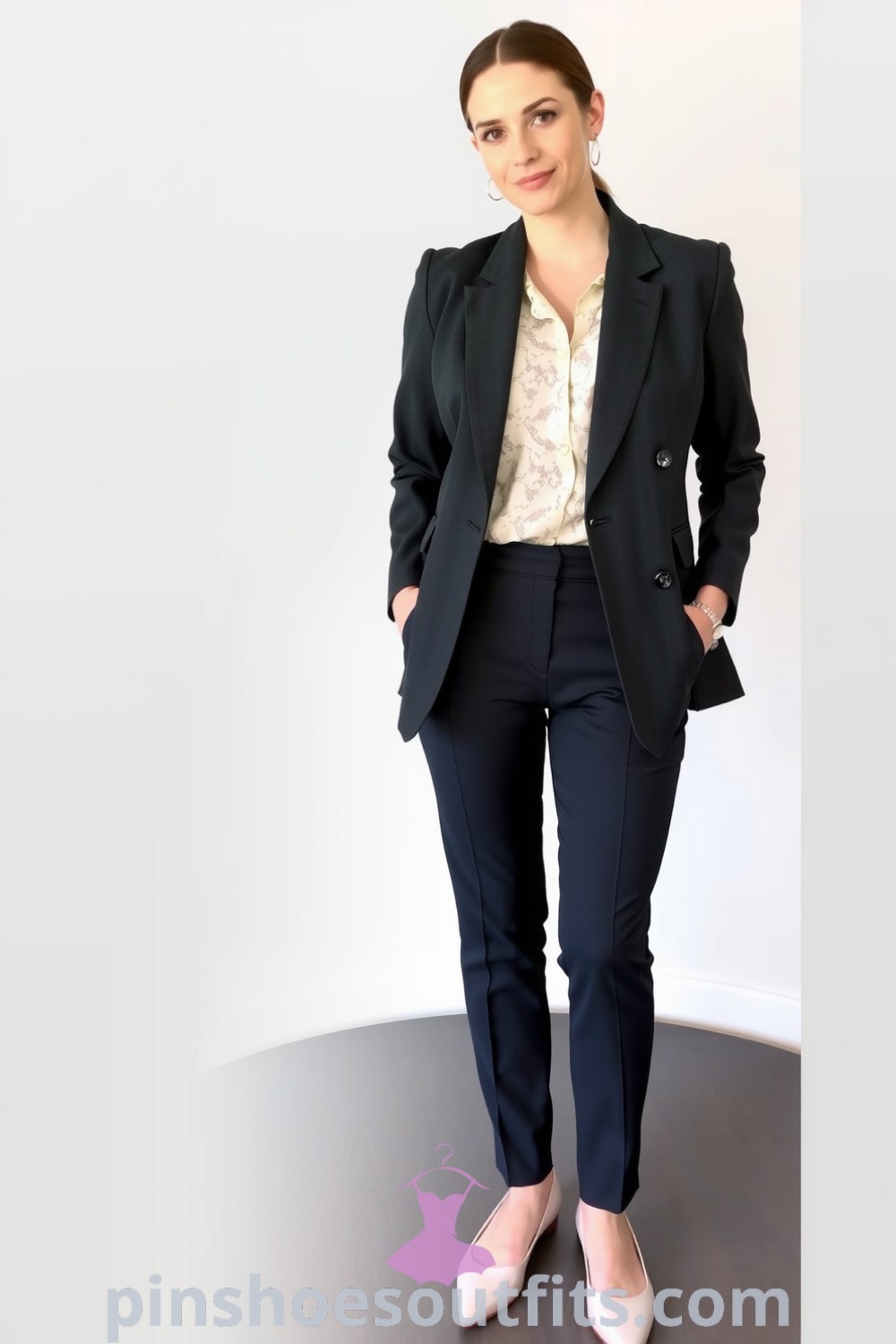 Chic and professional outfit featuring a structured charcoal blazer, tailored black trousers, a cream lace blouse, pointed-toe flats, and silver accessories, embodying elegance and style. pinshoesoutfits.com