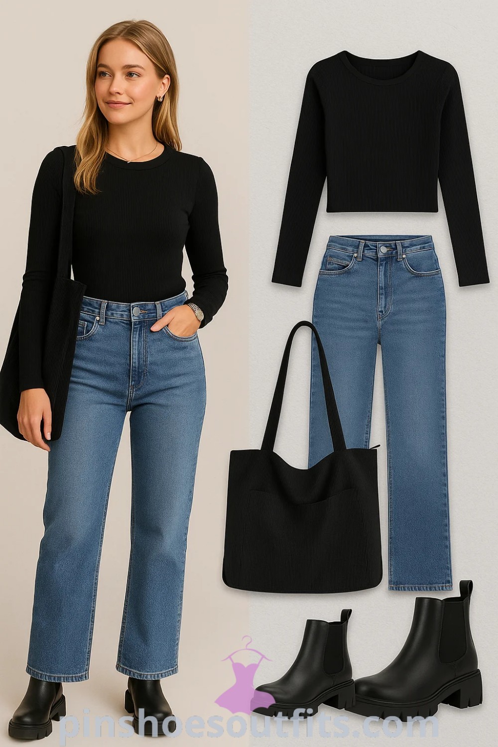 fitted black long-sleeve top paired with light blue high-waisted straight-leg jeans, black chunky heel ankle boots, and a simple black tote bag, ideal for casual outings and daily errands, showcasing trendy and aesthetic vibes, from pinshoesoutfits.com