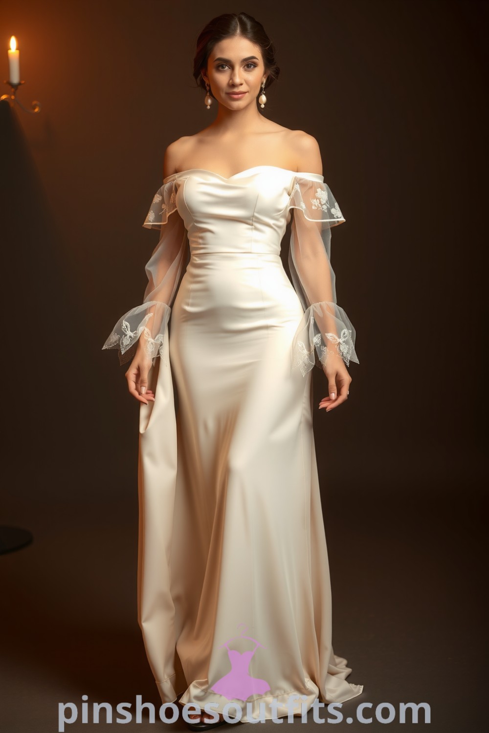Elegant off-the-shoulder satin dress with lace trim and pearl earrings, perfect for a sophisticated evening. Discover inspiring ideas for stylish outfits at pinshoesoutfits.com.