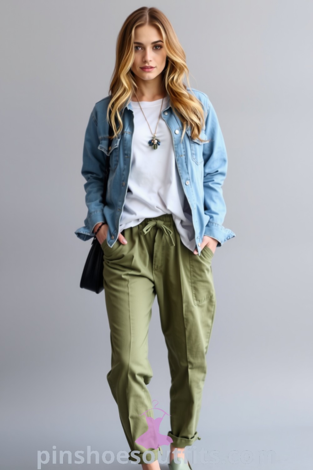 Stylish casual outfit featuring a light denim jacket, white cotton t-shirt, relaxed fit olive chinos, and loafers, perfect for weekend outings. pinshoesoutfits.com