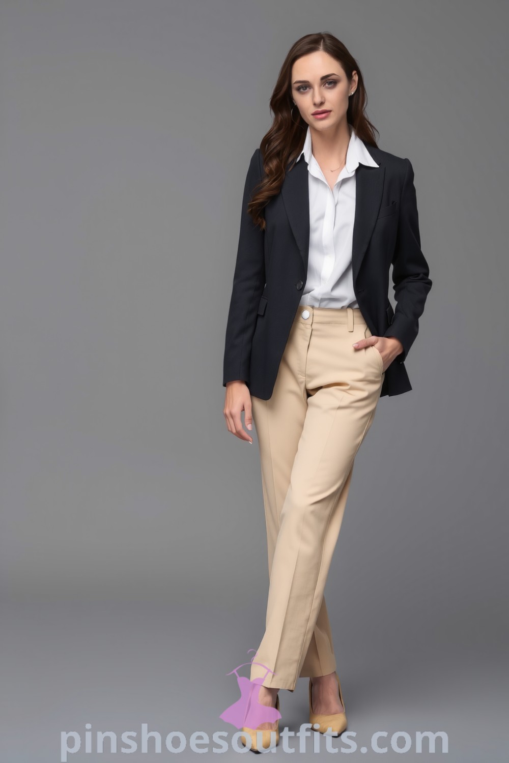 Sophisticated office outfit featuring a tailored charcoal blazer, white silk blouse, high-waisted trousers, and pointed-toe heels. An inspiring look for women