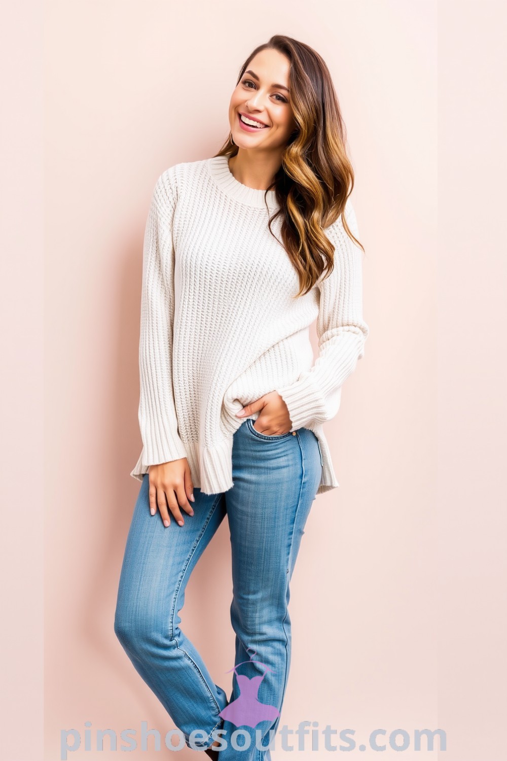 A woman in a cozy light-knit sweater with ribbed details, relaxed-fit faded denim jeans, and stylish ankle boots. This outfit showcases casual sophistication perfect for weekend outings. pinshoesoutfits.com