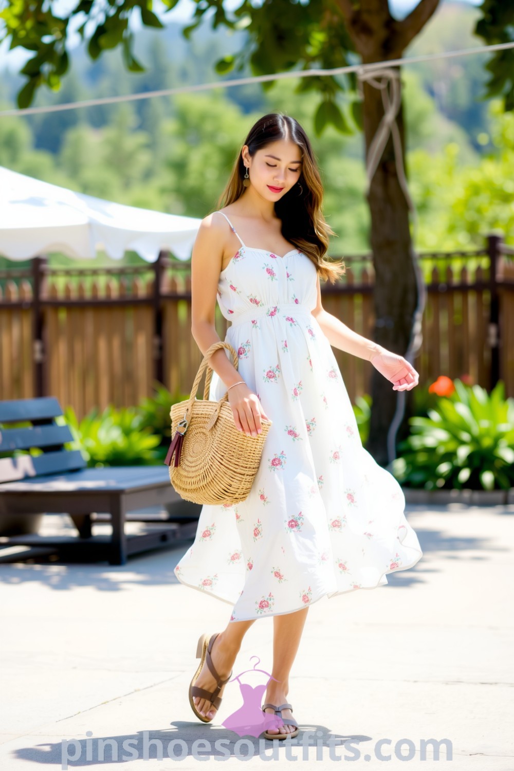 Charming floral sundress showcasing a lightweight design, adjustable straps, and a cinched waist, perfect for casual summer outings. Ideal for all women seeking stylish outfit ideas to look chic and elegant. pinshoesoutfits.com
