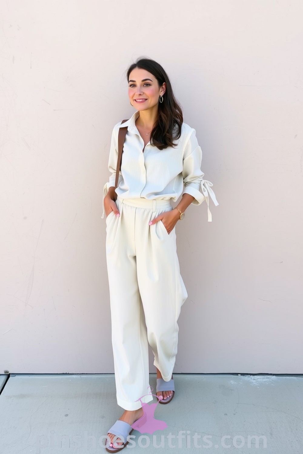 Chic summer outfit featuring a relaxed linen shirt tucked into high-waisted cream wide-leg trousers, completed with airy sandals and delicate gold earrings. A perfect example of stylish everyday elegance. pinshoesoutfits.com